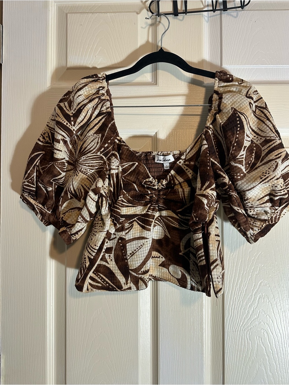 Sam Edelman Brown and Cream Floral Puff-Sleeve Crop Top
